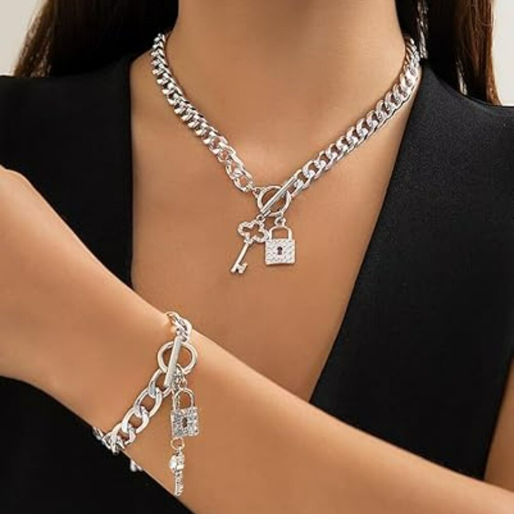 Cuban Link Necklace Bracelet Set‎ Dainty Rhinestone Lock Key Chain Choker Toggle